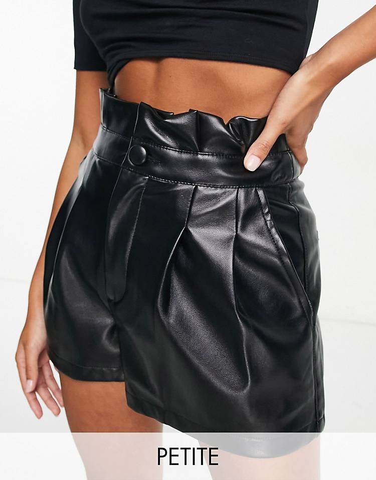 Miss Selfridge Petite faux leather waist detail shorts in black